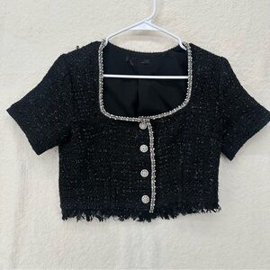 Chanel Vibes Rhinestone Button Tweed Cropped Blouse